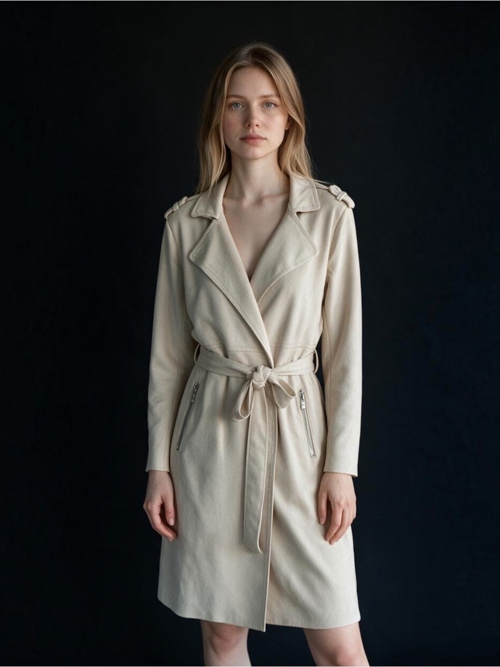 Tahari Cream Tie-Waist Trench Coat
